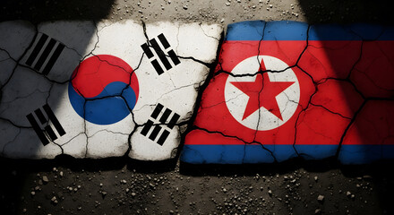 The flags of North and South Korea face each other on broken, cracked ground. A powerful visual concept for the peninsula's division, political tension, and the ongoing conflict