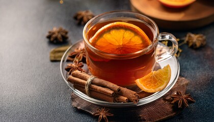 a warm cup of tea garnished with orange slices and spices perfect for cozy moments and refreshing flavors