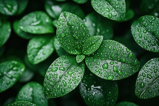 Close-up of lush, vibrant green leaves covered in dew drops - Powered by Adobe