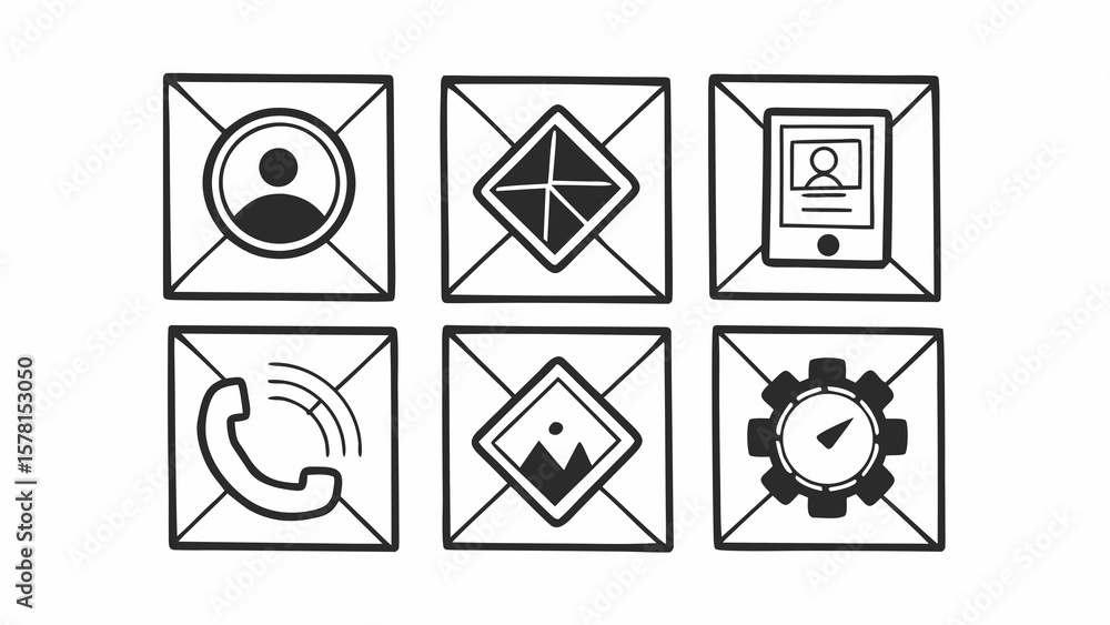 Poster six hand drawn black and white icons in squares representing different functions and applications cr