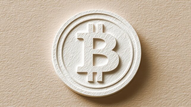 Bitcoin symbol inside a white circle on soft beige background, minimal shadow for depth, balanced modern style.