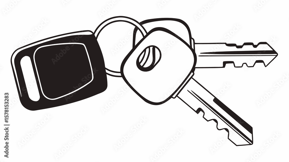 Poster a black and white illustration of two keys attached to a keyring with a car key fob present created 