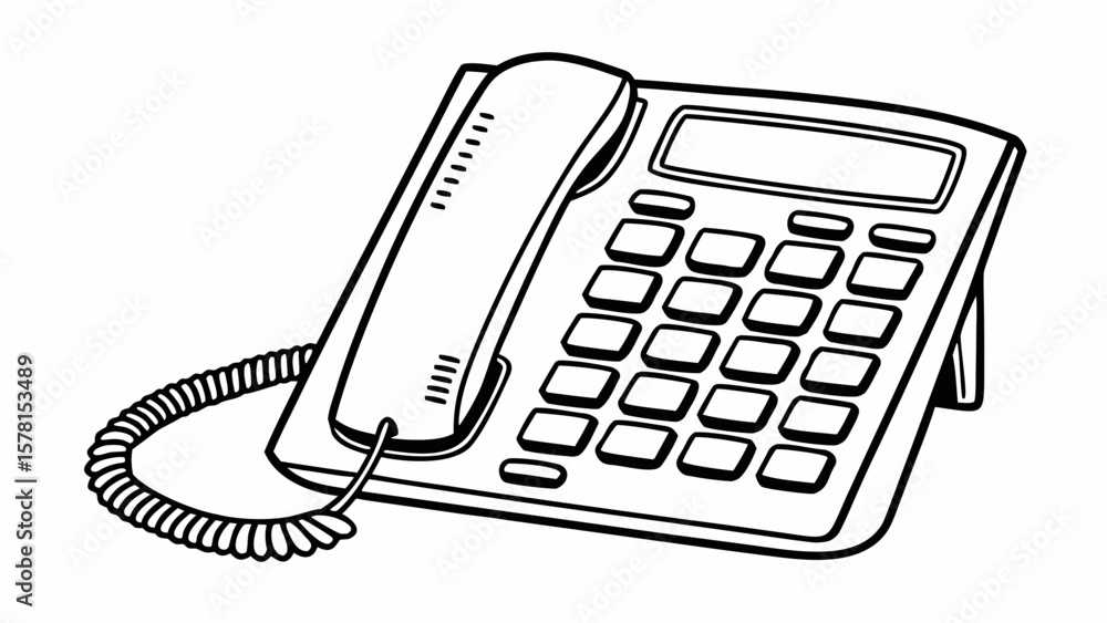 Poster illustration of a black and white corded desk phone with handset and keypad on a white background cr