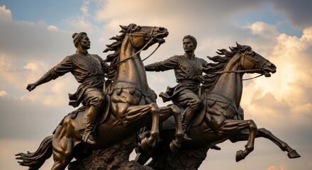 Fototapeta premium Bronze Equestrian Statues of Two Men on Horses Against a Cloudy Sky