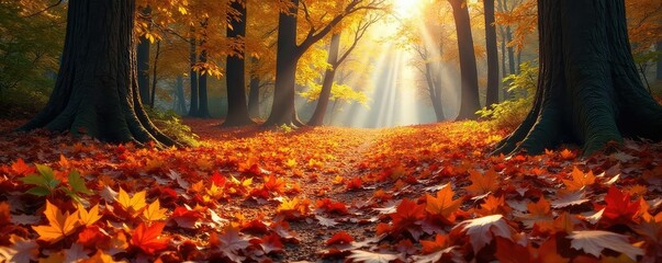 Sun-Dappled Autumn Leaves Carpet the Forest Floor, Vibrant Reds, Oranges, and Yellows