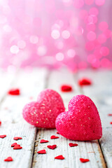 Obraz premium Sweet valentine's day composition featuring glittery pink hearts on rustic wooden surface
