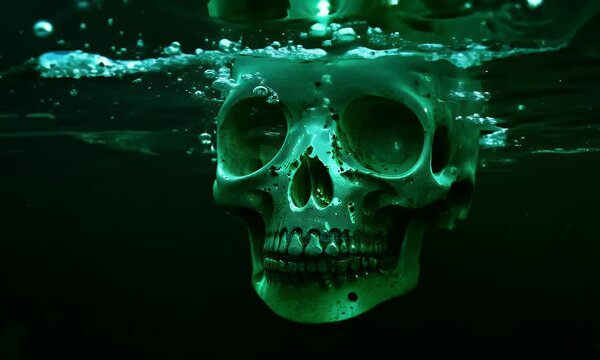 Skull submerged in dark water, eerie underwater scene
