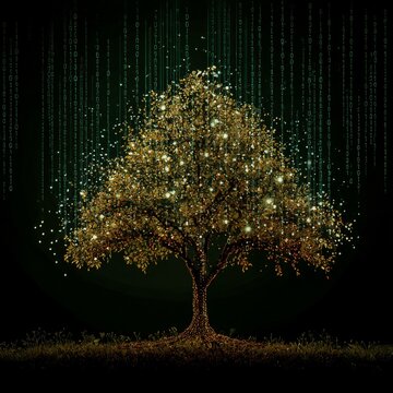 digital tree with binary code leaves representing growth of technology and ideas