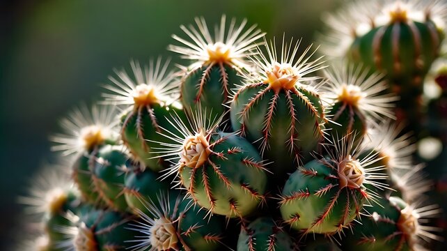 Close up view of a blooming cactus with sharp spines and delicate white flowers in a natural green setting
