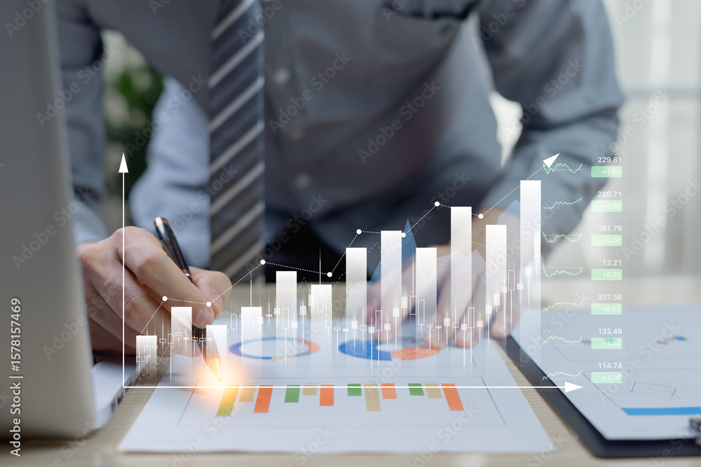 Poster close-up of business professionals analyzing growth chart data, discussing performance metrics, stra