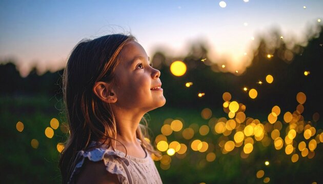 Young child mesmerized by fireflies