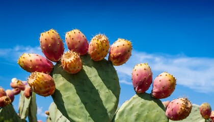 opuntia cactus featuring ripe prickly pears against a blue sky