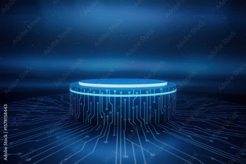 Poster futuristic technology display platform with circuit board patterns and glow effect