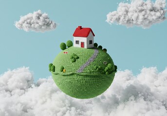 Whimsical miniature world with a cozy house on a green knitted planet floating among fluffy clouds in a serene blue sky