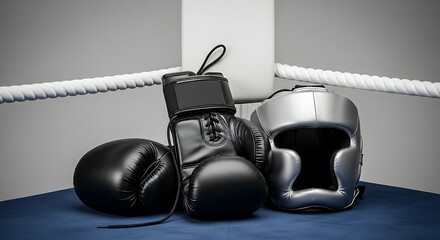 Boxing Gear Including Gloves and Headgear Arranged in a Boxing Ring for Combat Sports Training and Competition