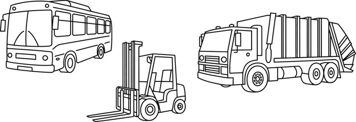 Obraz premium Vehicles coloring page bus forklift garbage truck outline drawing transportation vector illustration art .