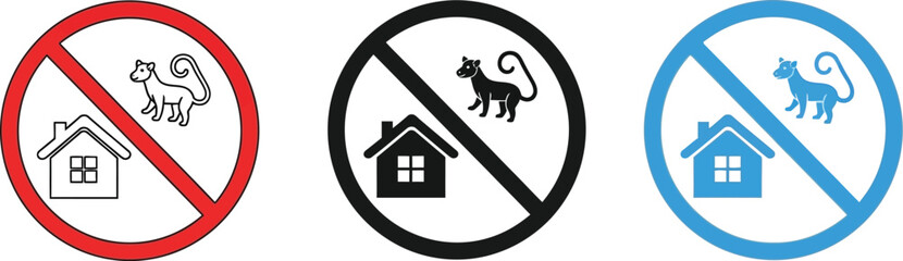Three signs showing no monkeys allowed near houses in red black and blue colors