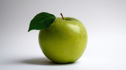 A vibrant, fresh green apple with a leaf and water droplets, isolated on a clean background.