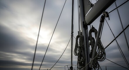Sailing adventure with cloudy sky and ropes on a sailboat mast
