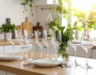 ガラスの輝きと植物が彩るキッチンの一角