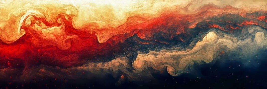 Exoplanet atmosphere with swirling gas clouds deep red and gold hues ultrawide angle