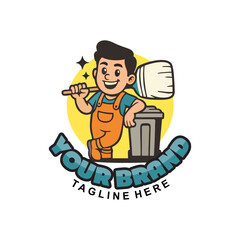 Naklejka premium Cleaning Service Mascot Logo Design - • Mascot logos Friendly cartoon cleaning service mascot logo. Perfect for your business! Includes a customizable tagline. Download now!
