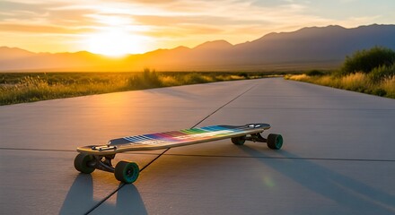 Longboard skateboard on empty asphalt road at sunset with colorful design and distant mountains