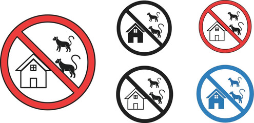 A collection of no cats or pets allowed signs in red black and blue colors