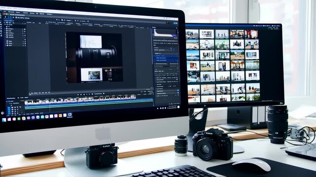 Professional video editing setup with dual monitors and camera equipment display