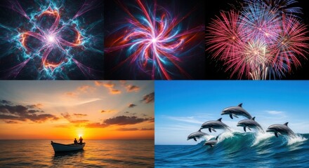 Vibrant Abstract Patterns Fireworks and Ocean Scenes with Dolphins at Sunset