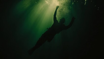 Silhouetted Man Submerged in Dark Green Water with Dramatic Lighting