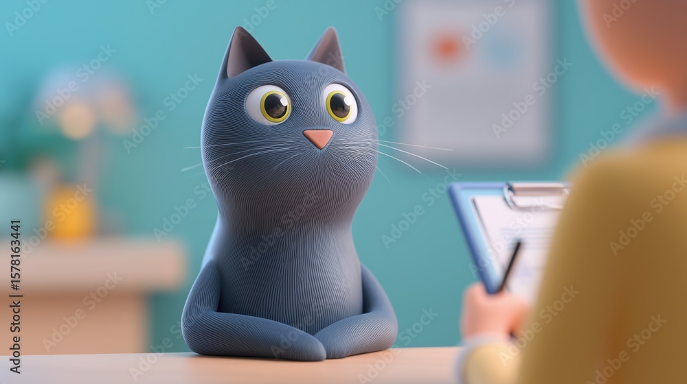Poster animated cat character observing a person with a clipboard.