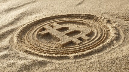 Naklejka premium Abstract Bitcoin mark drawn in sand texture on clean surface, blending natural elegance with crypto symbolism.