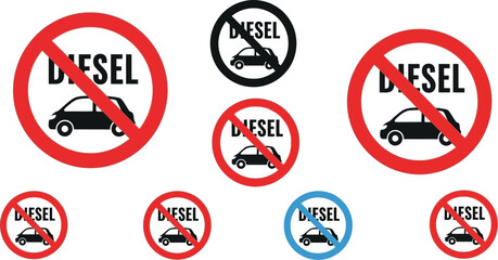 A collection of no diesel car signs in various colors and sizes on white background
