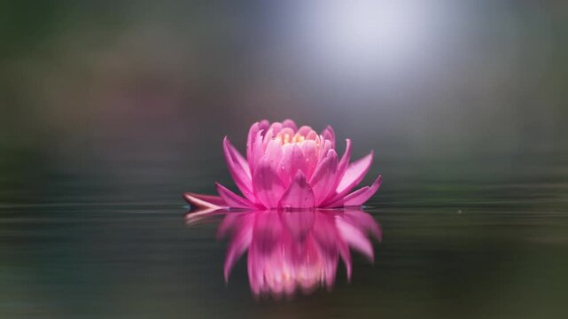 Pink lotus flower in water with sunshine. Slowmotion