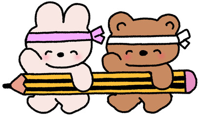 연필을 들고 있는 토끼와 곰 캐릭터 일러스트 © titi.drawing