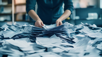  An HR specialist going through a pile of CVs to filter out potential hires 