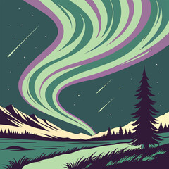 Aurora borealis over mountains and lake night sky stars