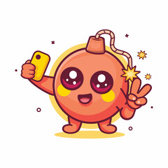 smiling round bomb character mascot taking a selfie with a smartphone isolated cartoon 