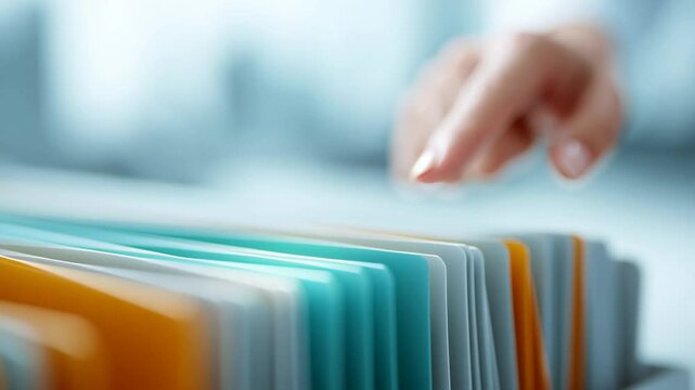 Organizing digital files with hand and finger selecting colorful folders and glowing folder touchscreen for efficient document management and file