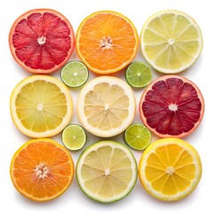 Obraz premium Twelve citrus slices arranged in a 3x4 grid on white. Bright lighting highlights grapefruit, lemon, lime, orange, and grape wedges. Clean, colorful, and perfect for healthy or food-themed visuals.
