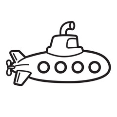 Cartoon illustration of a simple black and white submarine vessel with propeller and periscope