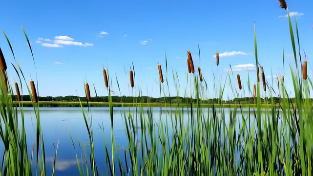 Tranquil lake shore with cattails