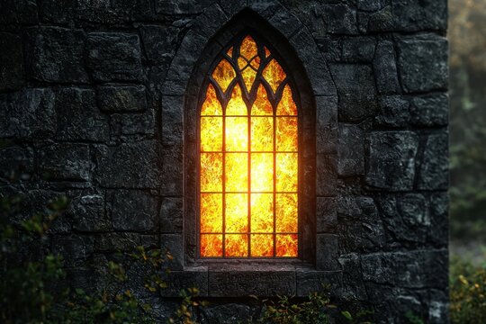 Gothic window ablaze in a stone wall
