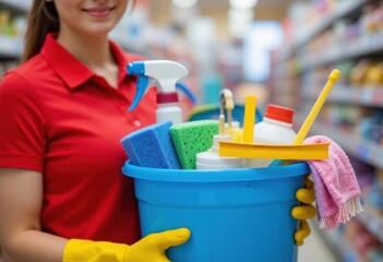 Professional cleaning lady holding a bucket full of cleaning detergents