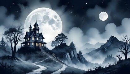Spooky watercolor castle under a full moon, featuring ghosts, bats, and a black cat among Halloween decorations