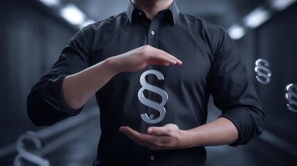 Shielding legal rights: A man protecting paragraph symbols with hands