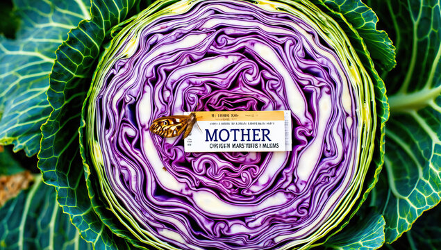 Red Cabbage Cross-Section with Butterfly and Label