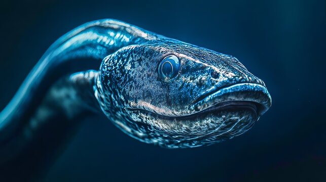 Electric Eel on a minimalistic background lifelike textures glowing accents centered composition dynamic natural lighting deep blues and silvers evokes energy and intrigue