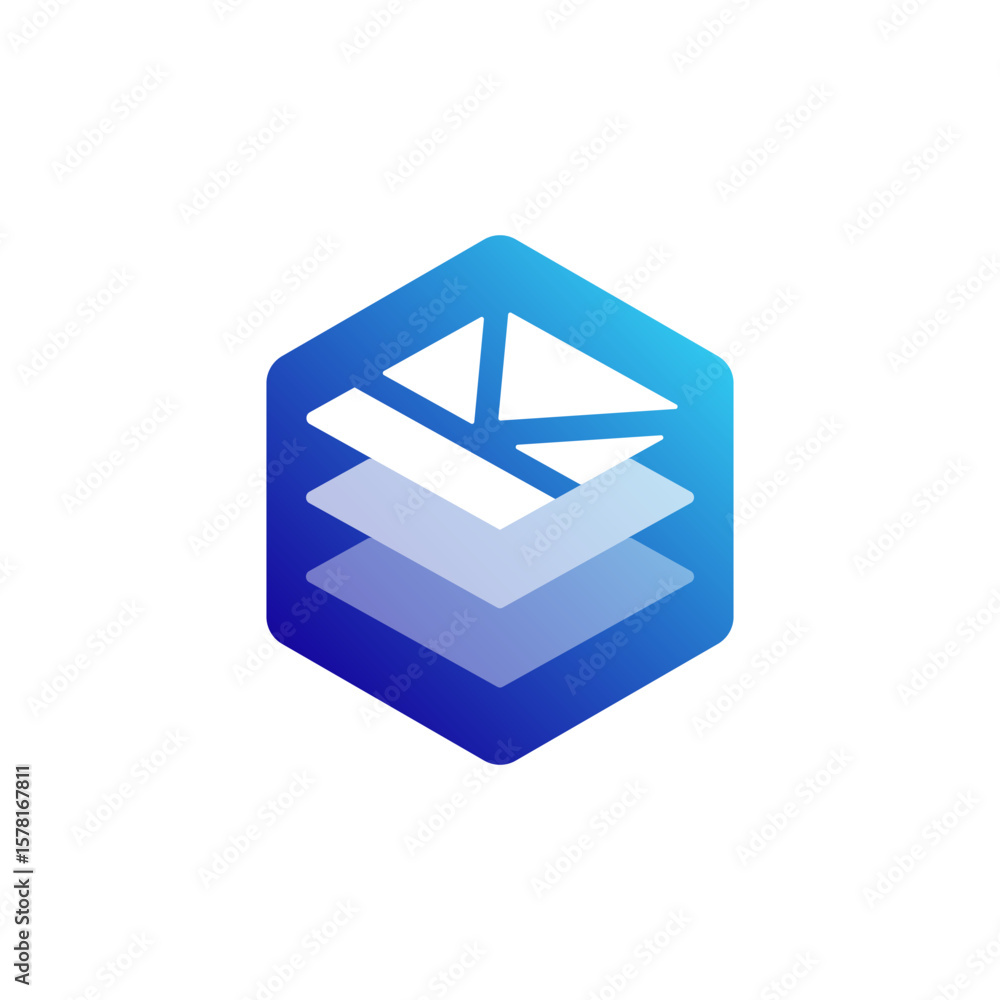 Poster hexagonal blue logo with abstract internal layers and a fragmented top, representing a secure, organ
